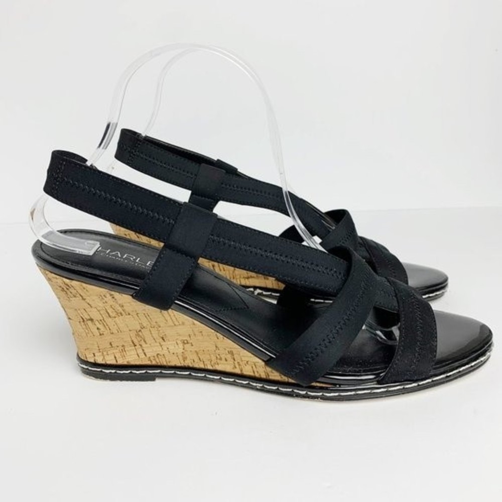 Charles David Size 11 Black Open Toe Slingback Hyper Cork Wedges